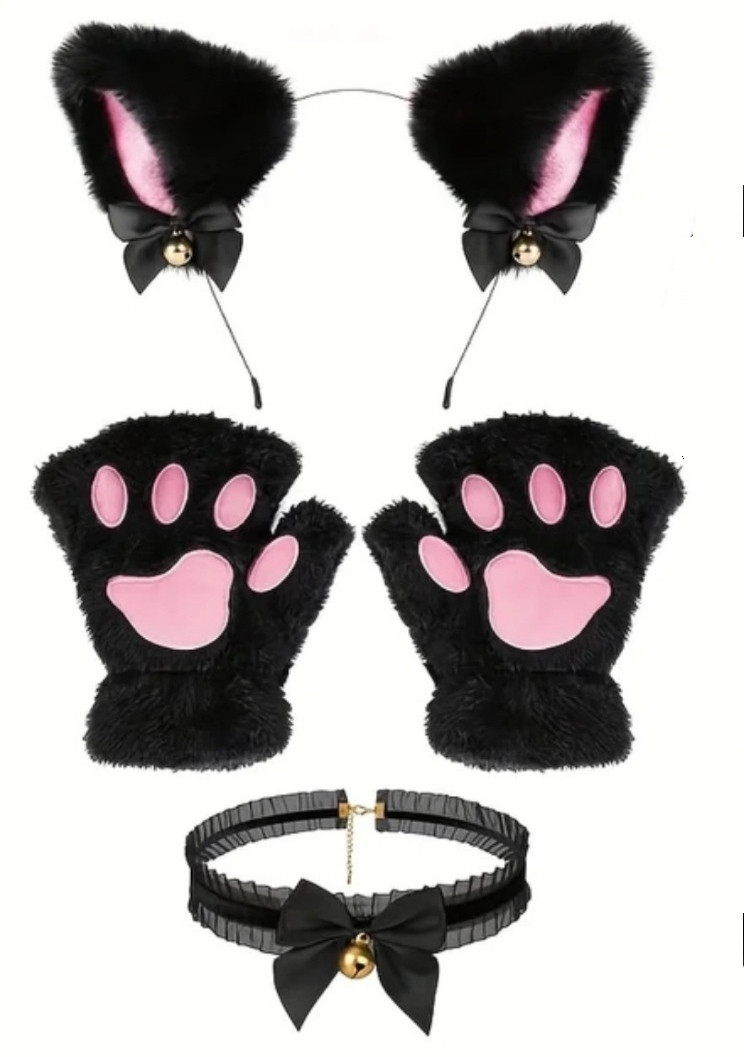 Набір для аніме косплей (обруч котячі вушка, чокер, рукавички) чорний, фото 1