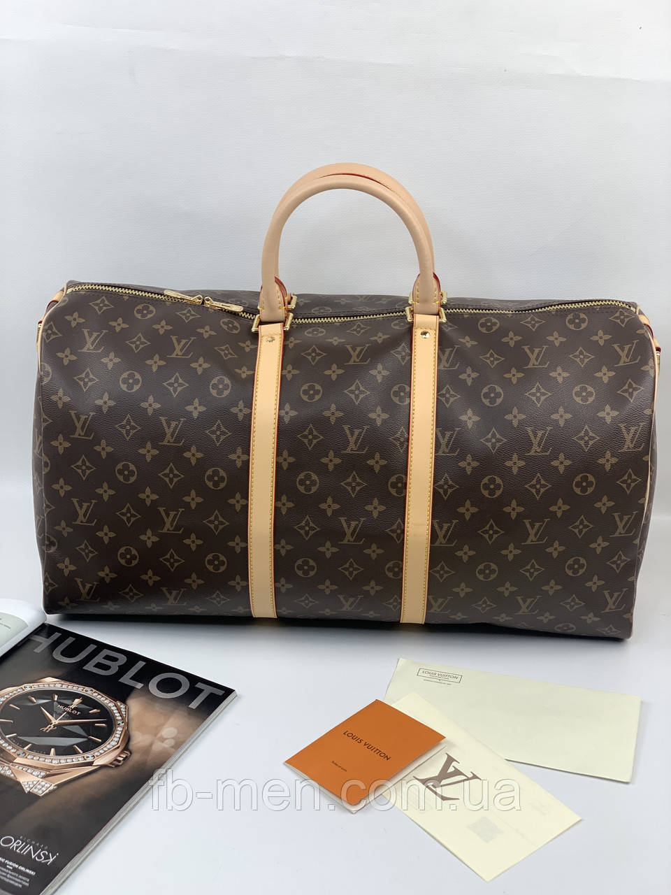 Сумка дорожня спортивна Louis Vuitton коричнева з бежевим оздобленням преміум'якість