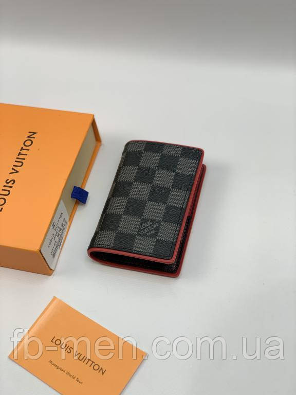 Візитниця Louis Vuitton сірого кольору червоні вставки всередині якість преміум