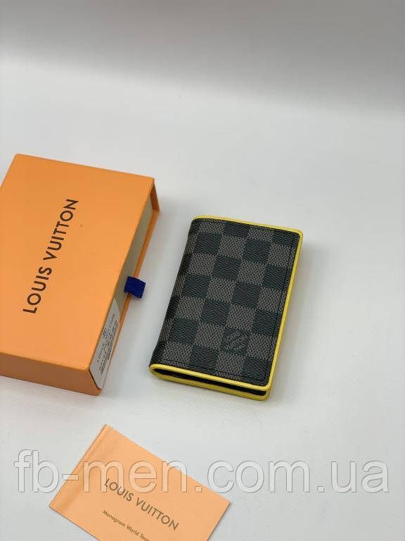 Візитниця Louis Vuitton сірого кольору жовті вставки всередині якість преміум