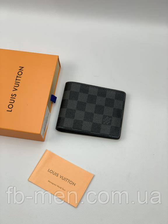 Гаманець чоловічий гаманець портмоне Louis Vuitton Monogram шкіряний сіра шашка якість Преміум