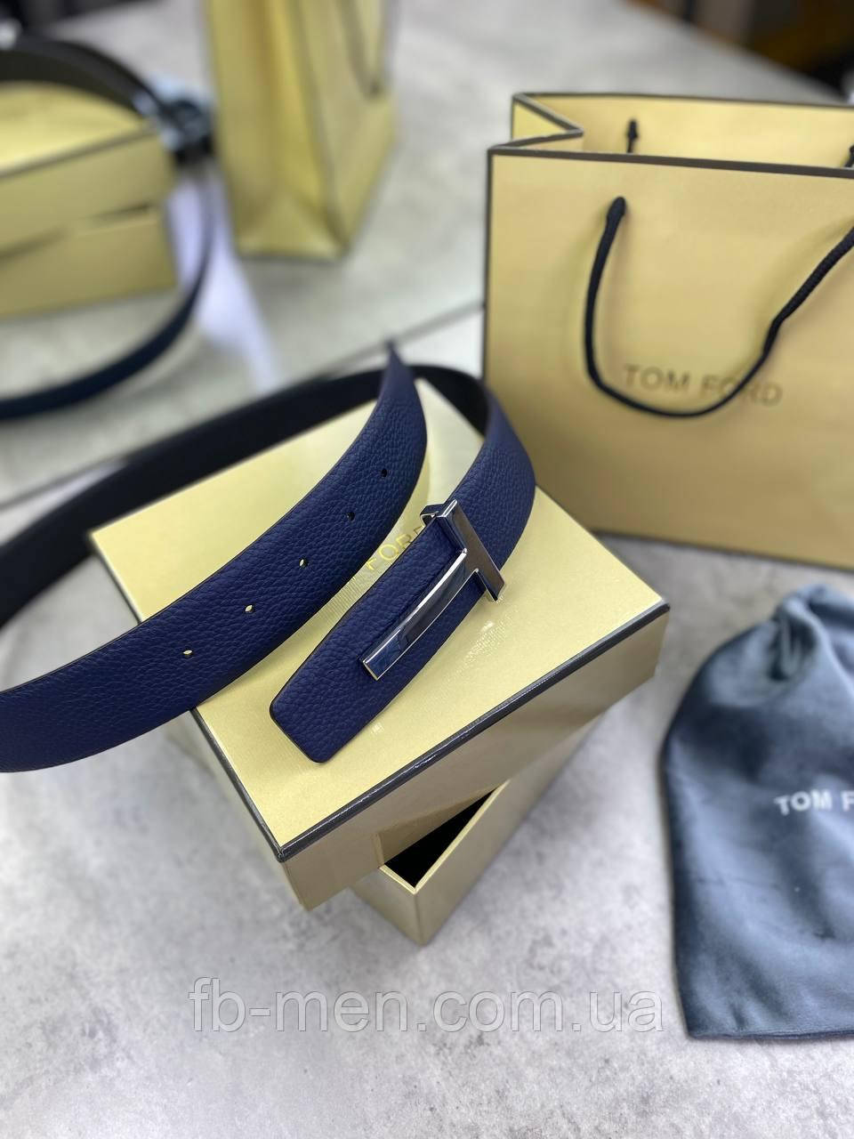 Ремінь Tom Ford Reversible шкіряний синій зі срібною пряжкою преміум'якість