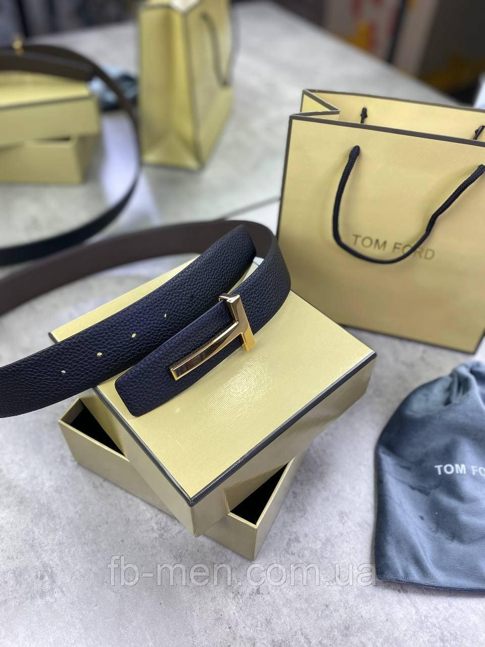 Ремінь Tom Ford Reversible шкіряний чорний із золотою пряжкою преміум'якість