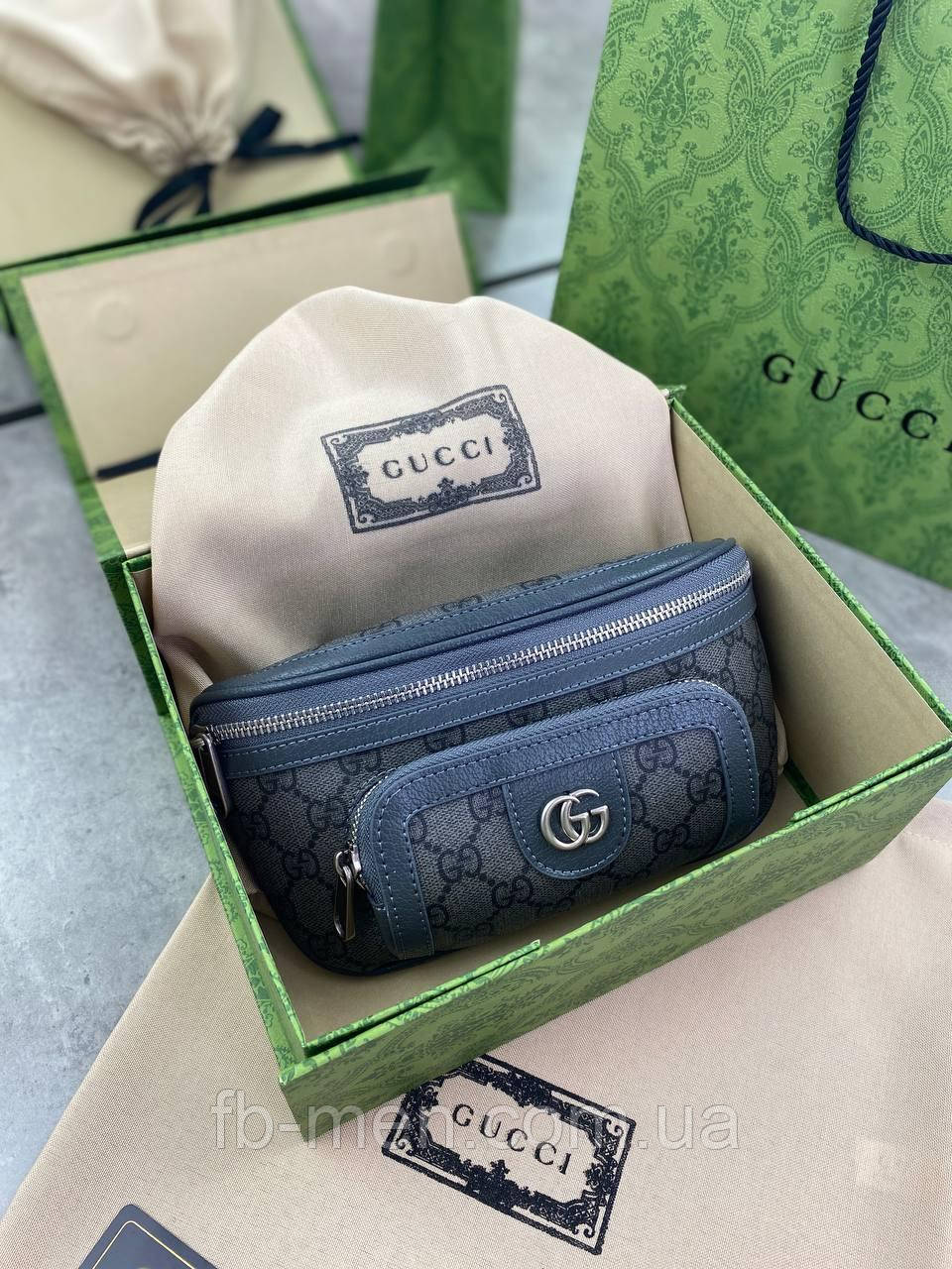 Сумка поясна Gucci Ophidia GG сіро-чорна преміум'якість