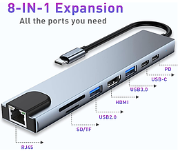Хаб USB 8в1 Type-C 3.1 4K HDMI RJ45 SD