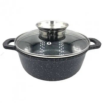 Каструля-казан з мармуровим покриттям та кришкою 24 см UNIQUE UN-5275 Каструля для кухні на 4.5 л Чорна