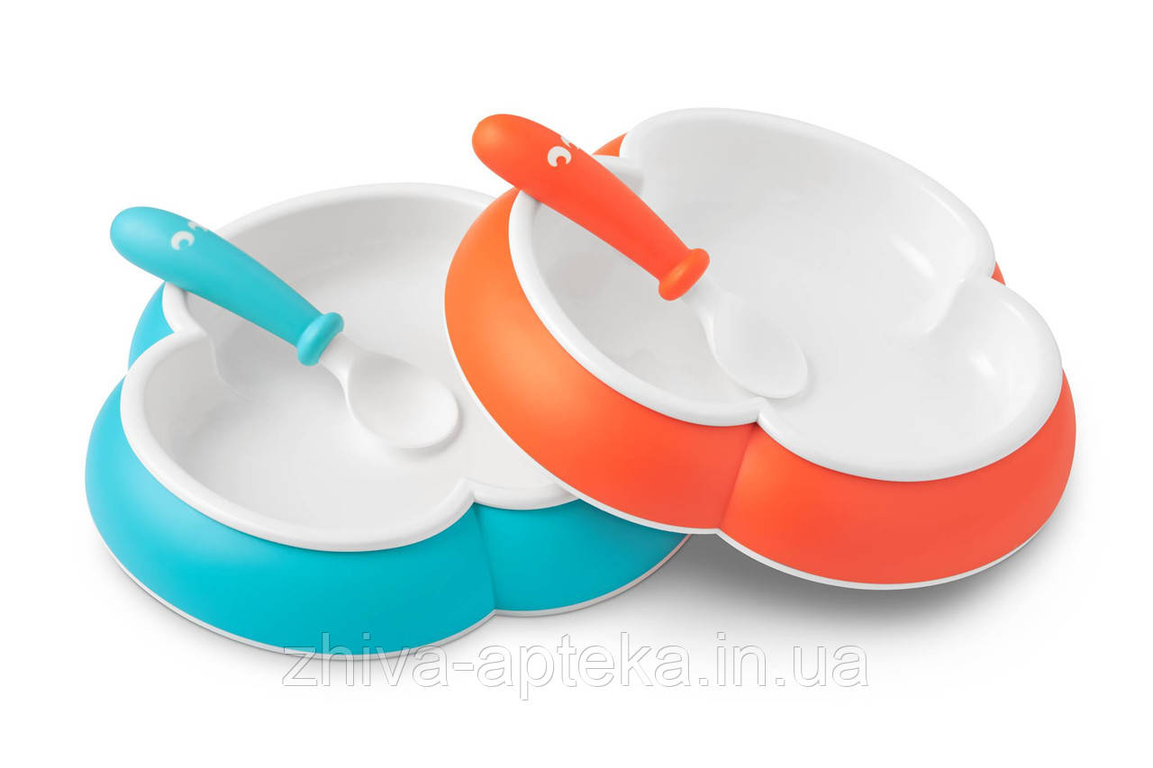 Дитячий набір двох тарілок ложкою і виделкою (Baby Plate, Spoon Fork and Orange/Turquoise) помаранчевий і бірюзовий
