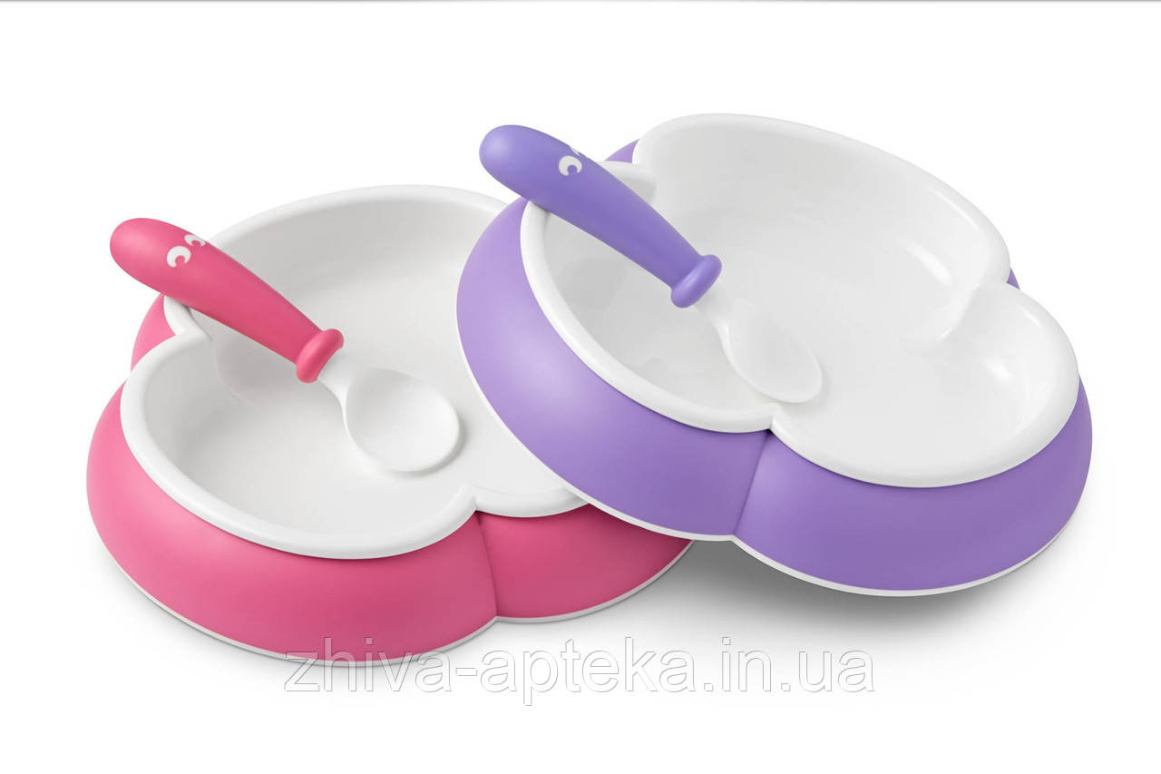 Дитячий набір двох тарілок ложкою і виделкою (Baby Plate, Spoon Fork and Pink/Purple) рожевий і бузковий