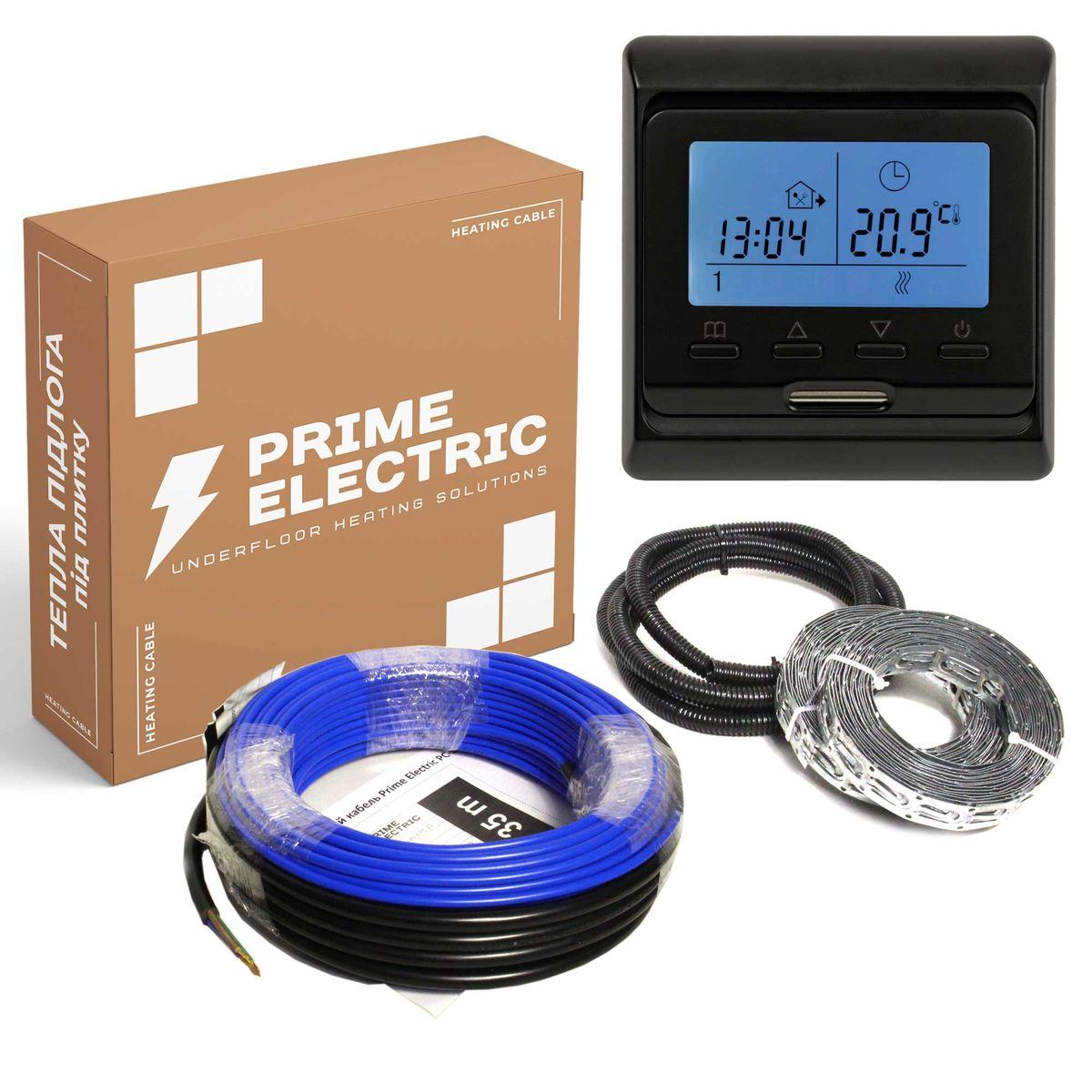 Тепла підлога 70м - Prime Electric PC-20 нагрівальний кабель 1400W з програмованим терморегулятором чорним
