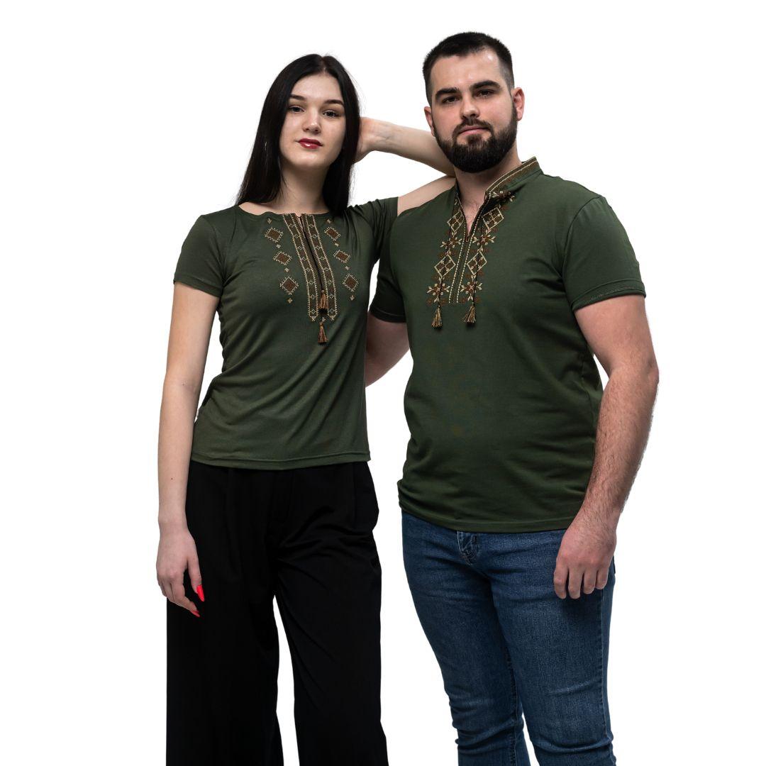 Парний комплект вишитих футболок хакі