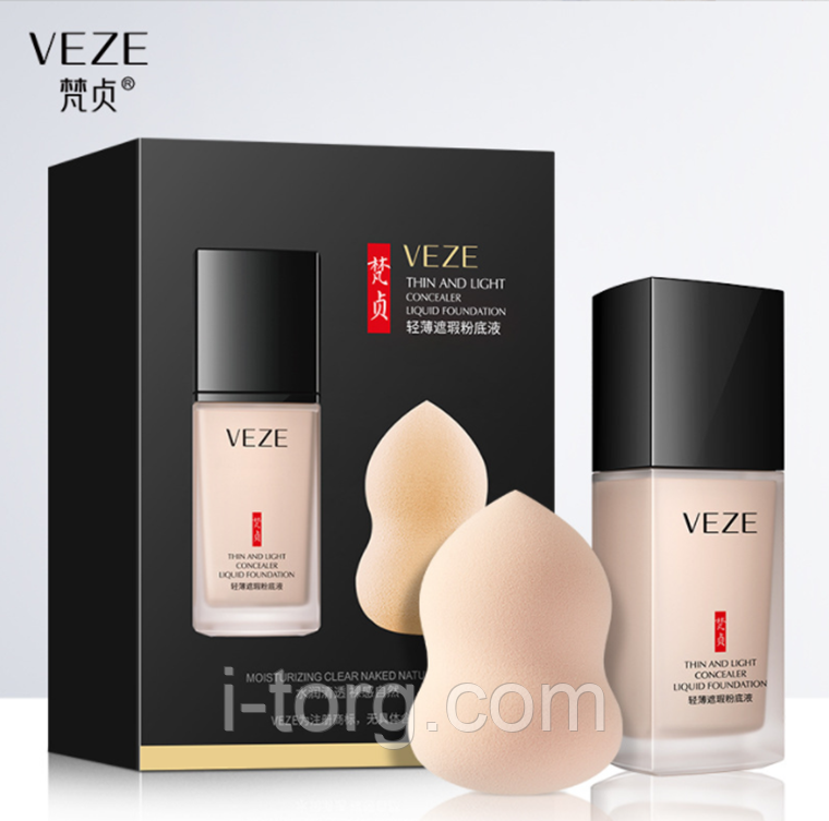 Тональний крем+спонж Veze Thin And Light Concealer Liquid Foundation, тон 01 натуральний, 30мл.