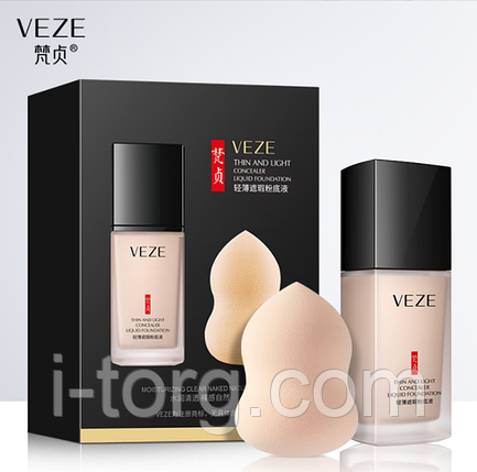 Тональний крем+спонж Veze Thin And Light Concealer Liquid Foundation, тон 01 натуральний, 30мл., фото 1