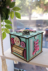 Розвиваючий дерев'яний Бізікуб 15х15х15 см, бірюзовий