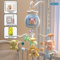 Мобіль дитячий на ліжечко акумуляторний з проектром, музична карусель на ліжечко Jungle Melody, блакитний