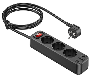 Мережевий фільтр подовжувач Hoco NS2 (4000W) / 3 розетки + 3 * USB виходу / довжина кабелю 1.8 м / black
