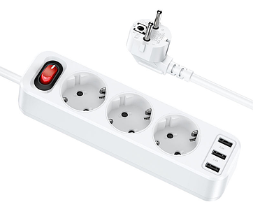 Мережевий фільтр подовжувач Hoco NS2 (4000W) / 3 розетки + 3 * USB виходу / довжина кабелю 1.8 м / white