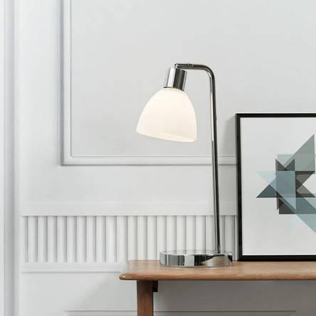 Настільна лампа хромована 1 патрон Е14 метал/біле скло 15х46 см, фото 2