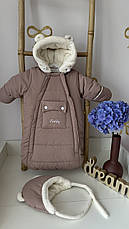 Зимовий дитячий теплий комбінезон для новонародженого на овчинці з шапочкою 0-6 міс, підійде для виписки, фото 3