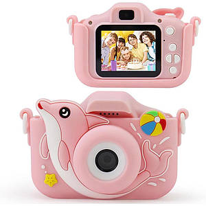 Дитячий фотоапарат ET015 Whale цифровий із селфі камерою іграми флешкою чохлом дельфін Рожевий