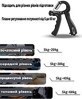 Еспандер регульований пружинний 5-60 кг. Кістовий еспандер із лічильником від 0 до 99. Еспандер для рук чорний, фото 2