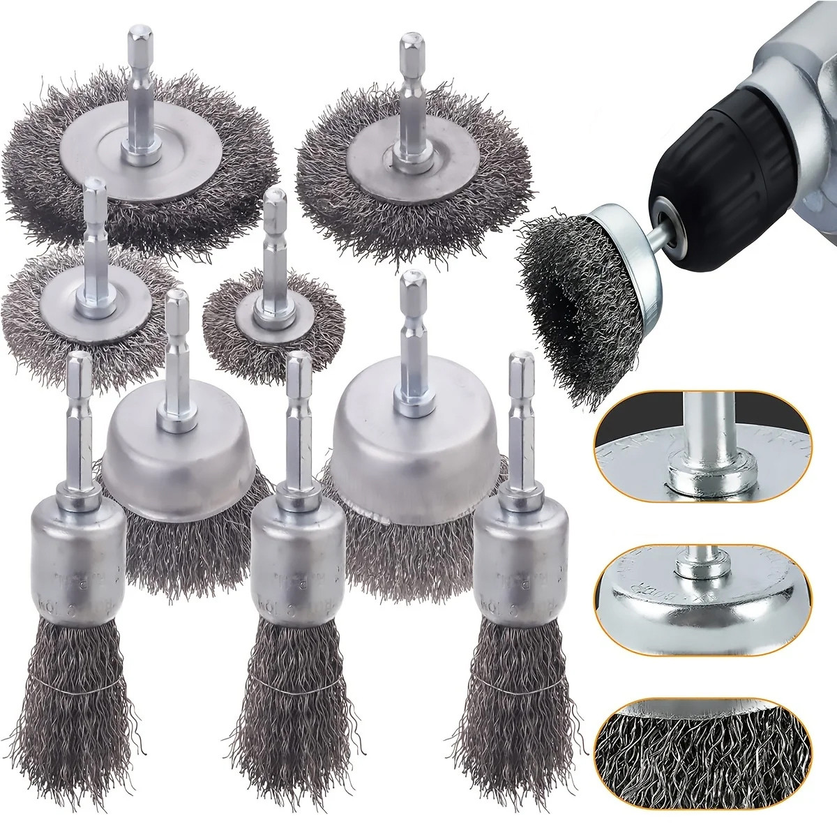 Набір дротяних щіток (корочення/корцовки) на шурупокрут і дриль для зачищення (9 шт.), фото 1