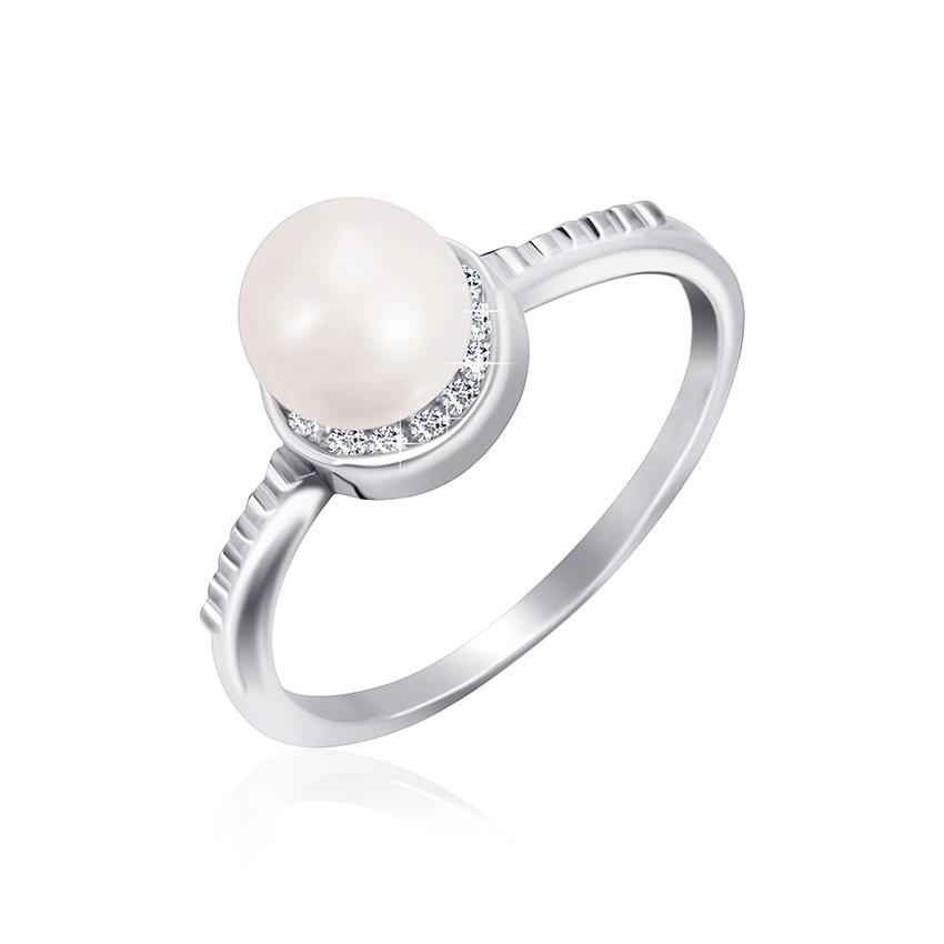 Срібна каблучка з фіанітами і перлами, Розмір 16,0, Вага: 2.0 г