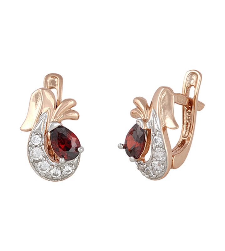 Срібні сережки в позолоті з білими та червоними фіанітами