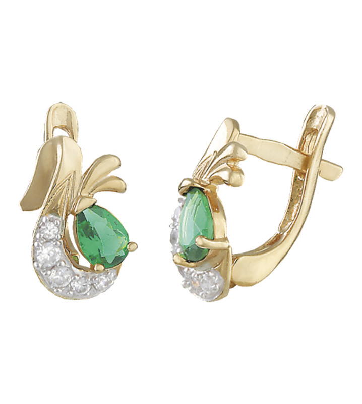 Срібні сережки в позолоті зі смарагдовими фіанітами
