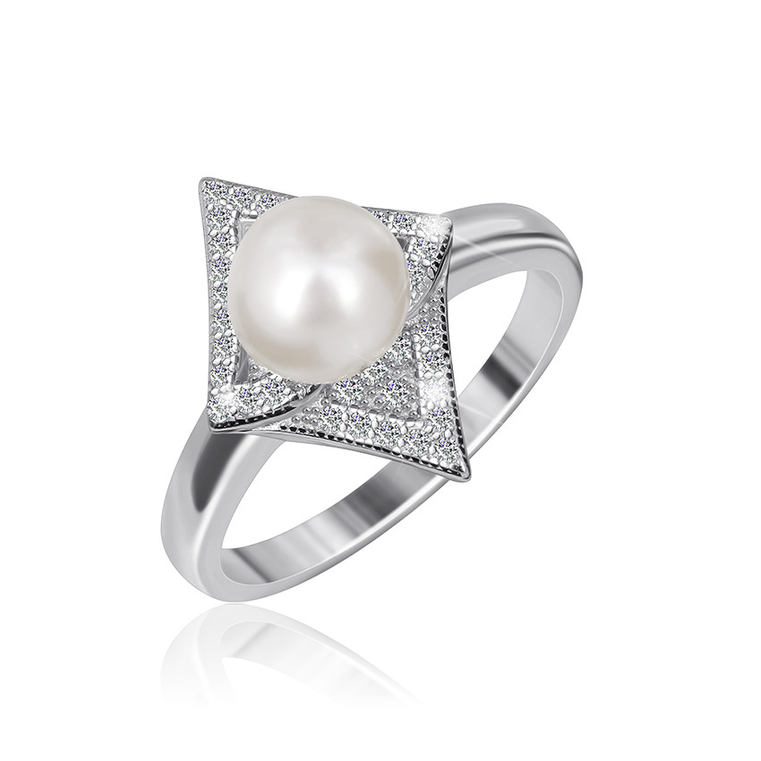 Срібна каблучка покрита родієм зі вставкою перлина/фіаніт, Розмір 16,0, Вага: 3.7 г