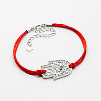 Браслет "Хамса" на червоній шовковій нитці з білим і синім фіанітами, Розмір 16 см x 5 см, Вага: 2.8 г