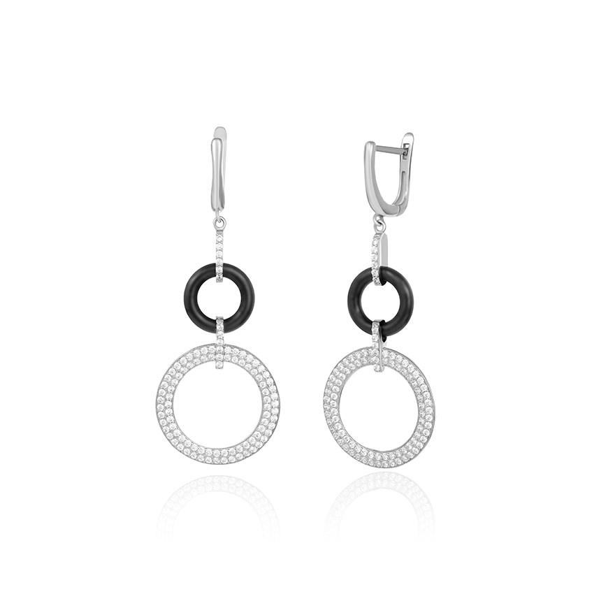 Срібні сережки з фіанітами і чорною керамікою
