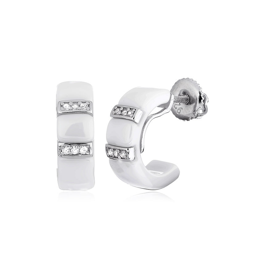 Срібні сережки з фіанітами і білою керамікою