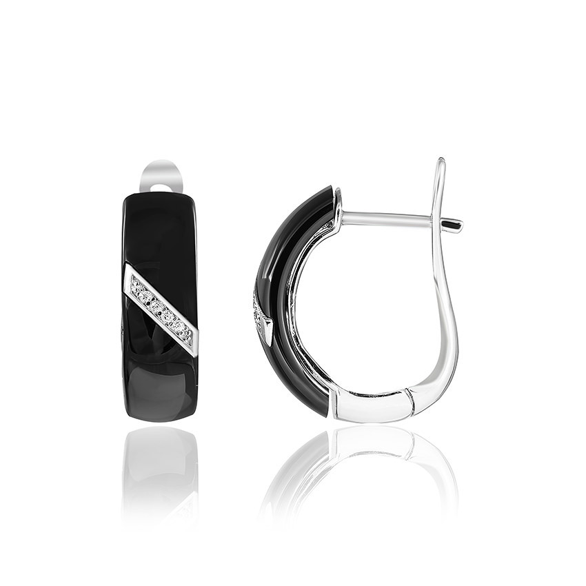 Срібні сережки з фіанітами і чорною керамікою