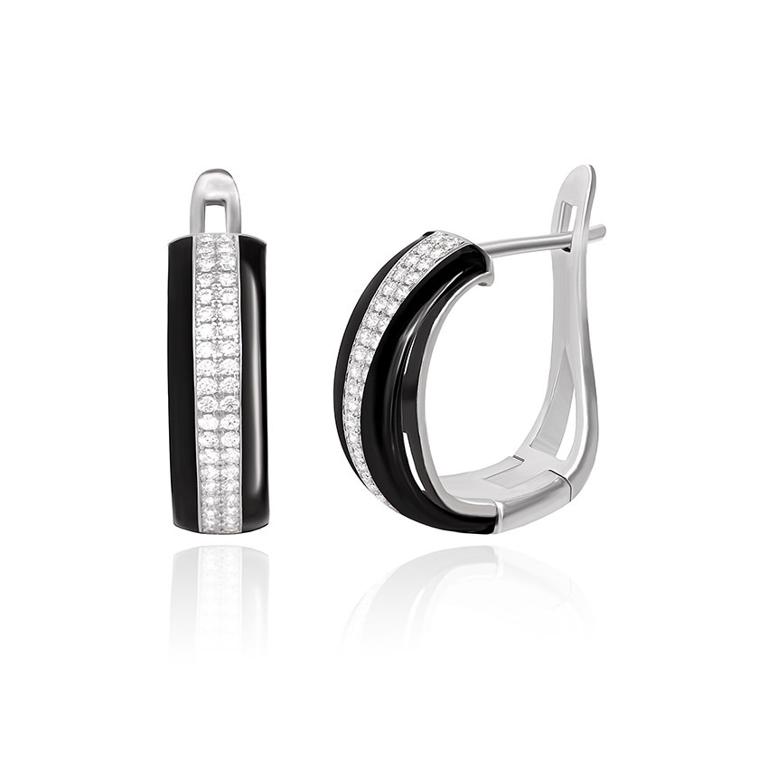 Срібні сережки з фіанітами і чорною керамікою