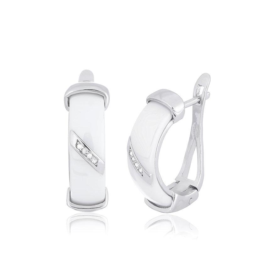 Срібні сережки з фіанітами і білою керамікою