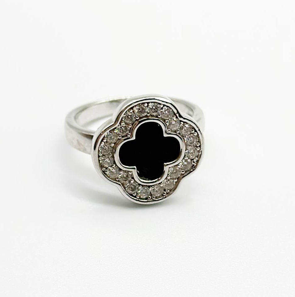 Срібна каблучка в стилі "Van Cleef та Arpels" зі вставкою фіаніт/онікс, Розмір 16,5, Вага: 4.7 г