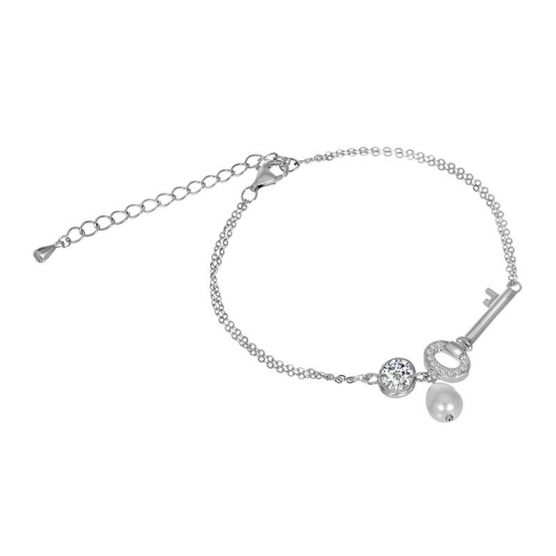 Срібний браслет з фіанітами і перлами, Розмір 16 см x 5 см, Вага: 3.5 г