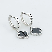 Срібні сережки конго з підвіскою Конюшина з фіанітами та оніксом