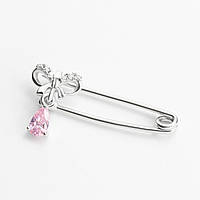 Срібна брошка родована Бантик з рожевим фіанітом