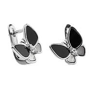 Срібні сережки покриті родієм зі вставкою перламутр/онікс/фіаніт