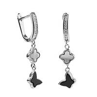 Срібні сережки покриті родієм з перламутром/онікс/фіанітами