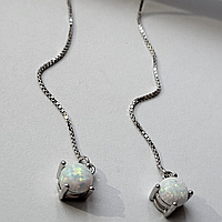 Срібні сережки протяжки з білими опалами