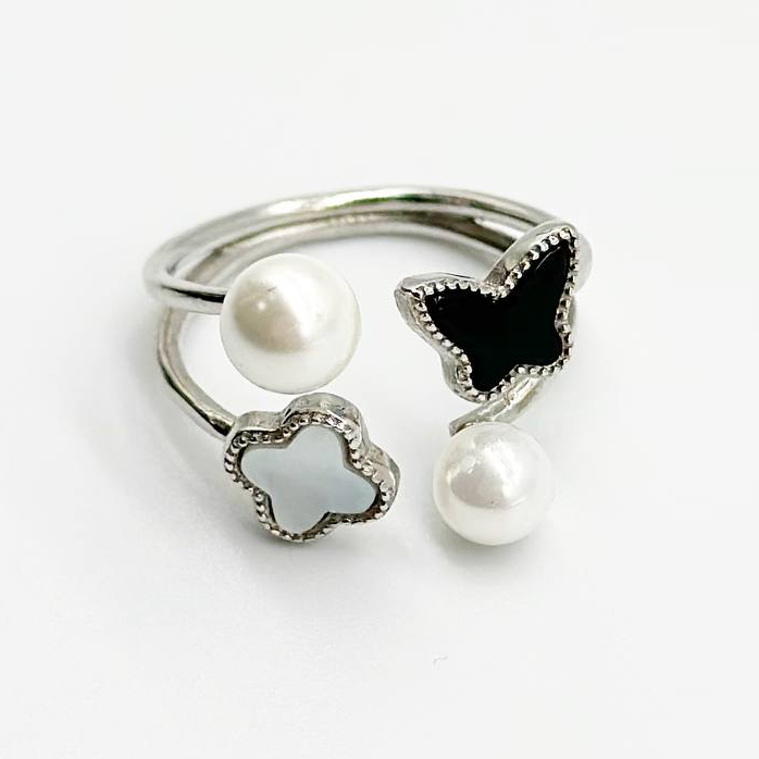 Срібна каблучка в стилі "Van Cleef  та  Arpels", перламутр/онікс/перлина, Розмір 15,0, Вага: 2.5 г