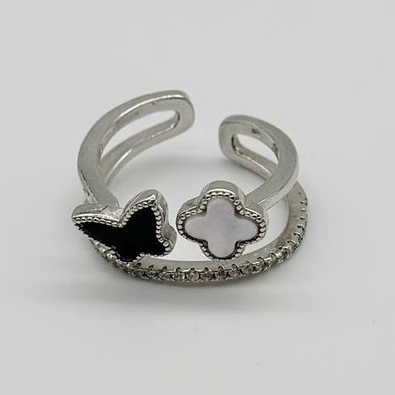 Срібна каблучка в стилі "Van Cleef  та  Arpels", перламутр/онікс/фіаніт, Розмір 15,5, Вага: 2.8 г