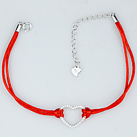 Срібний браслет з червоною ниткою Серце з фіанітами, Розмір 16,5 см x 0,4 см, Вага: 1.4 г