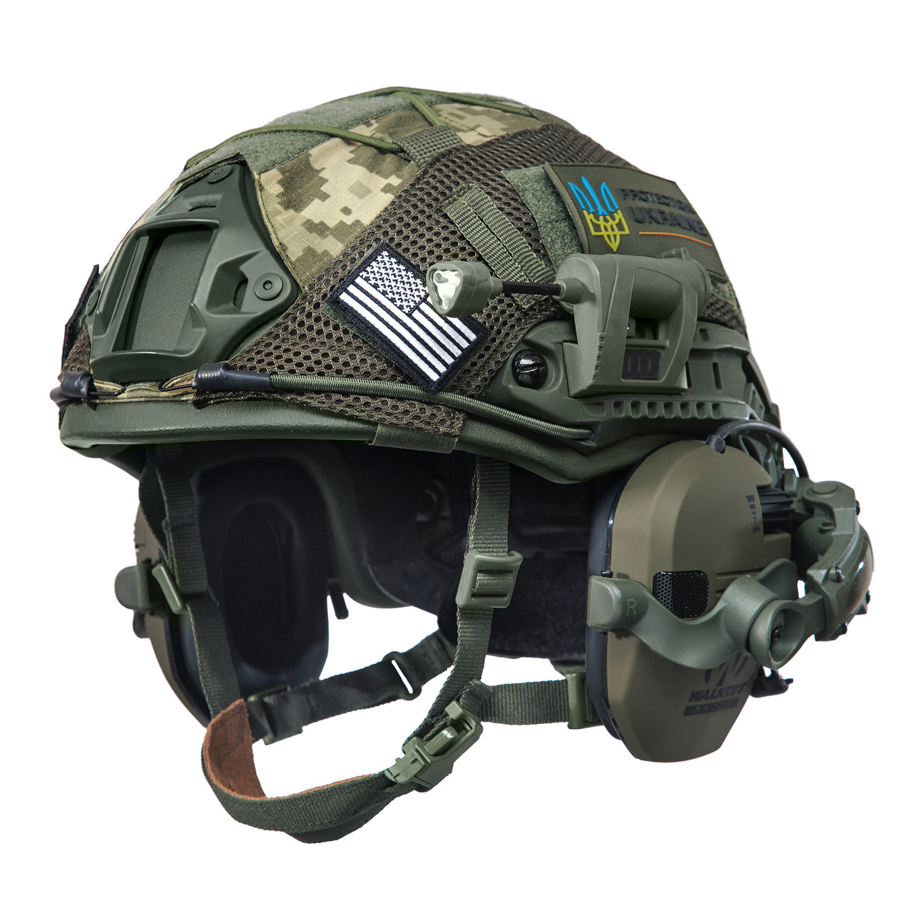 Шолом тактичний Fast Helmet NIJ IIIA + Навушники Walkers Razor Slim з чебурашкою + ліхтарик + кавер, фото 1