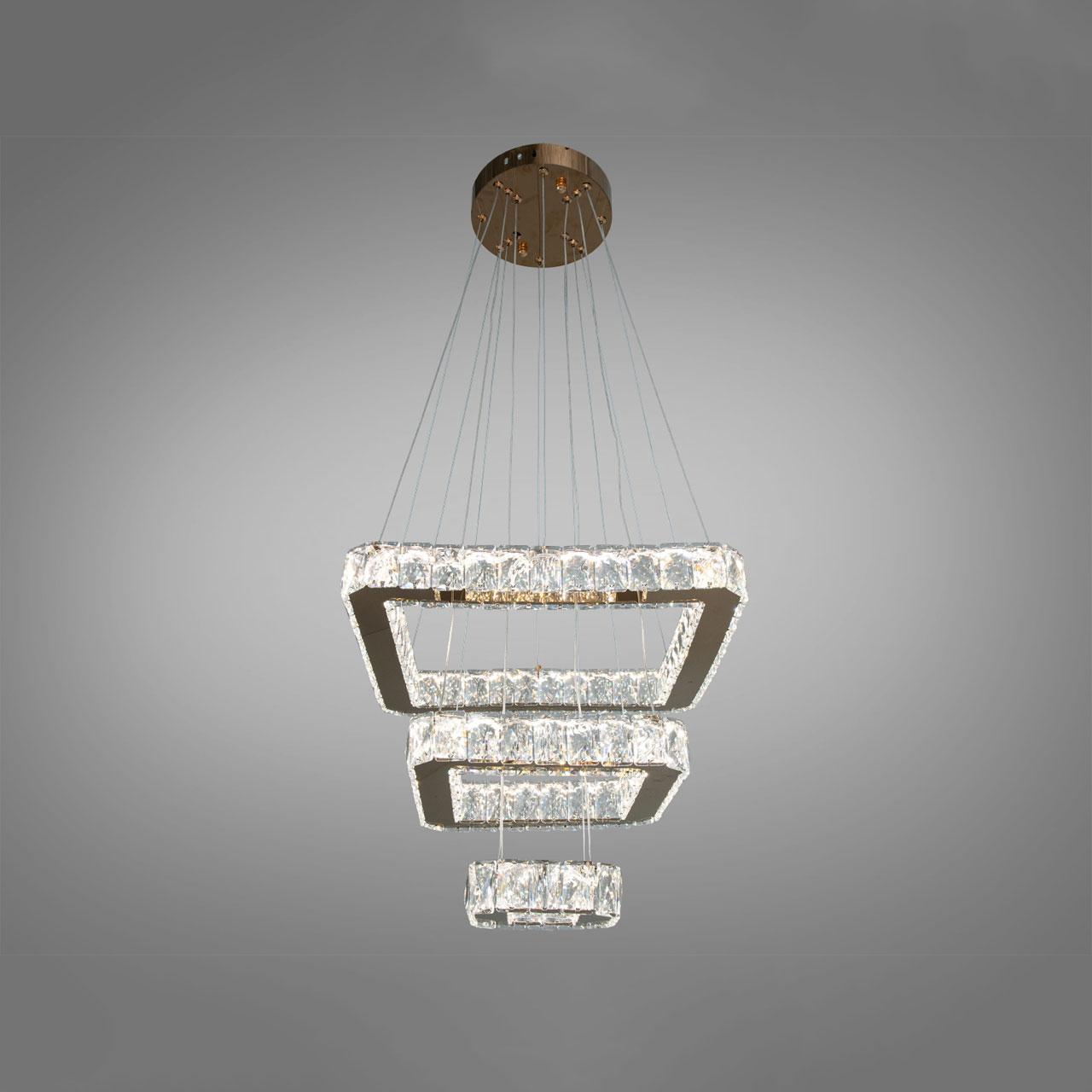 Кришталева підвісна світлодіодна люстра "квадрати" 55 Вт колір каркасу золотий D-8373A/400+280+160G, фото 1