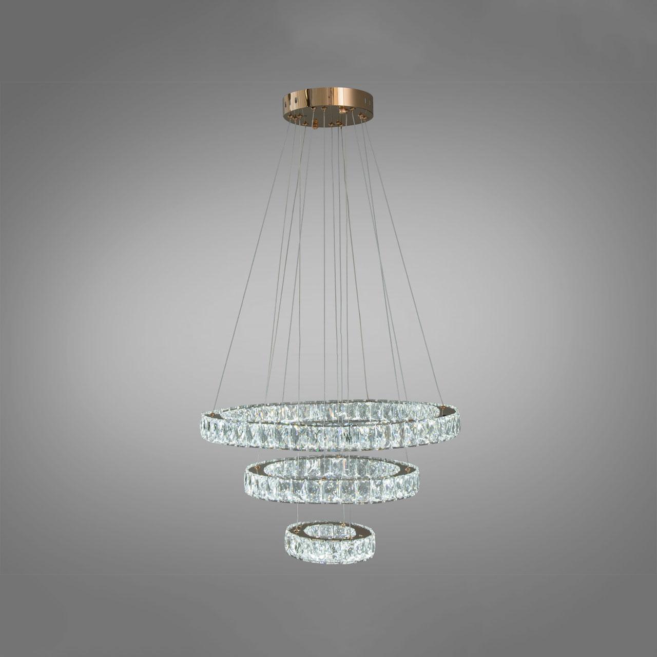 Кришталева підвісна світлодіодна LED люстра 66 Вт з пультом управління колір каркасу золотий D-8312-8A/580+400+200G, фото 1