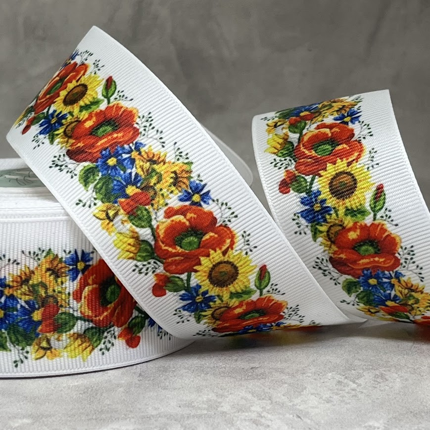 Репсова стрічка 4 см-Українська тематика- Квіти- Жовті Соняхи- Мак-Волошки, метр, Різнокольоровий, фото 1