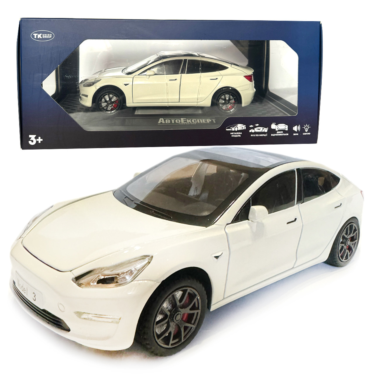 Машинка металева Tesla Model 3 Тесла біла 1:24 звук світло інерція відкр двері багажник капот гумові колеса 20,5*8*7см (GT-9820)